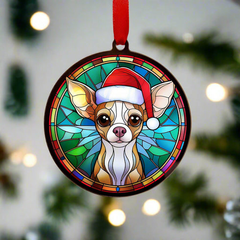 Chihuahua Fawn in Santa Hat Suncatcher Decoration